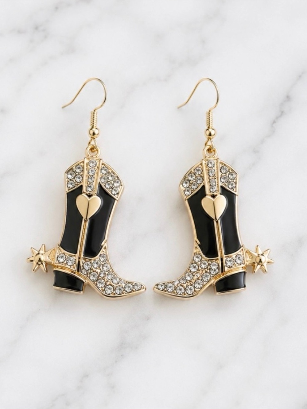 Gold and Black Enamel Rhinestone Cowboy Boot Drop Earrings-Gold Hardware